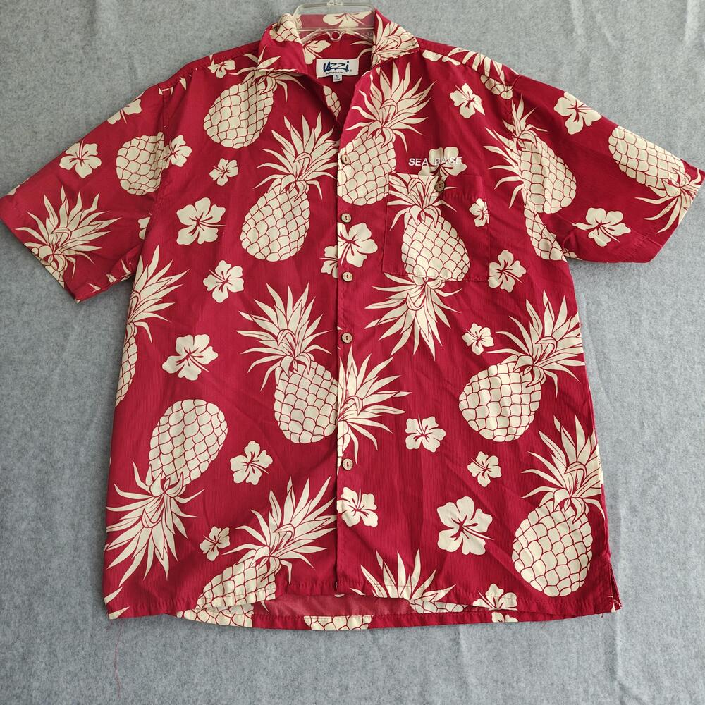 Uzzi Hawaiian Shirt Mens Small Red Pineapple SEA BASE Aloha Button Up Tropical